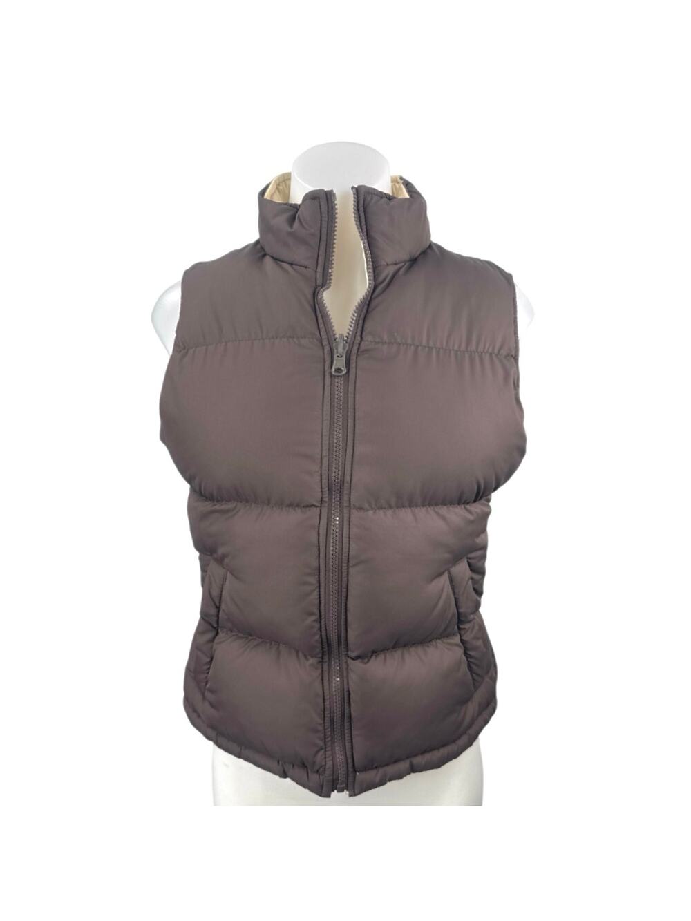 Big Chill Womens Brown Cream Reversible Zip Up Puffer Quilted Vest Jacket Size 8